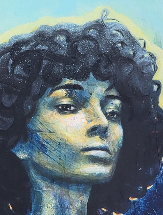 The painting 'Good karma in your face' closeup