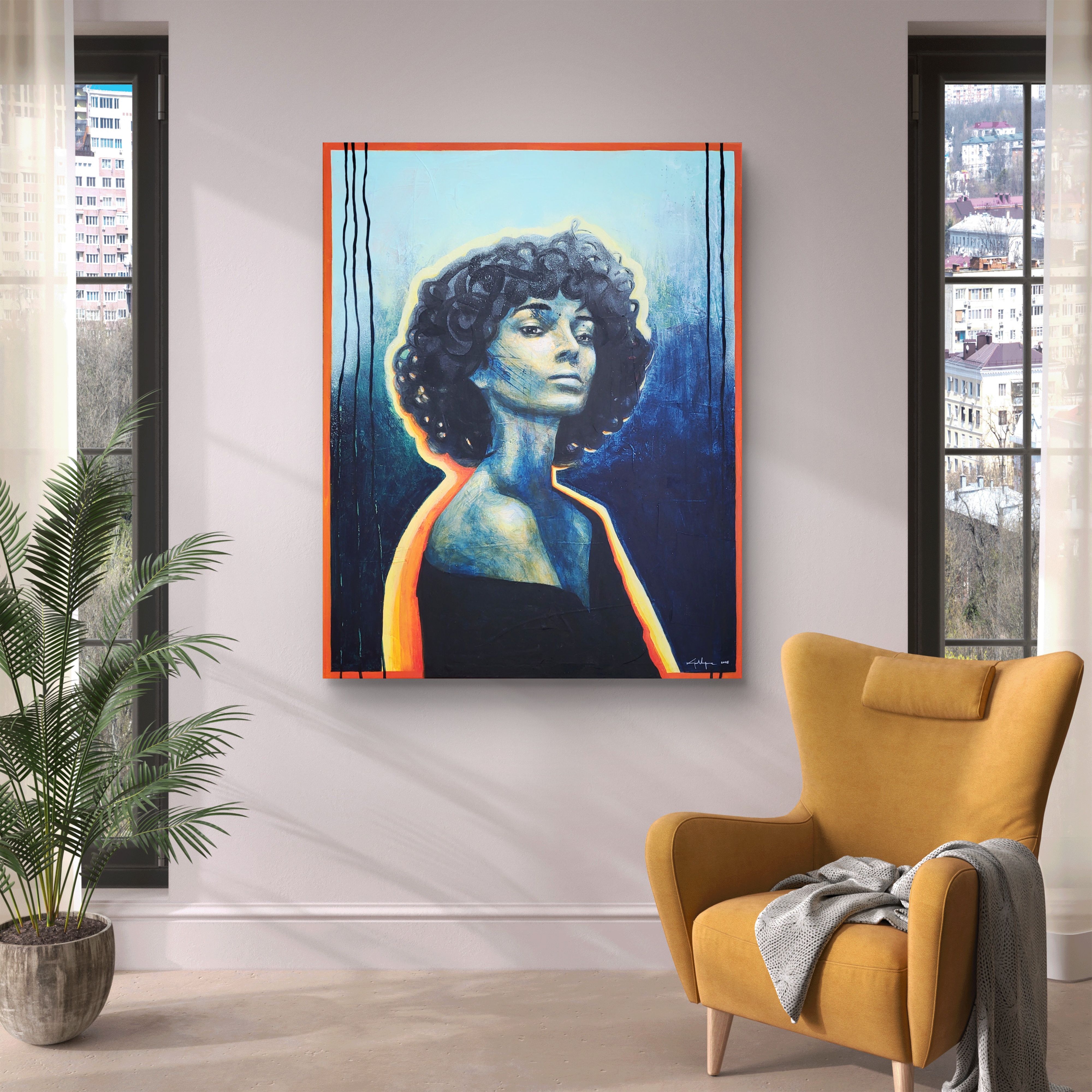 The painting 'Good karma in your face' in situ